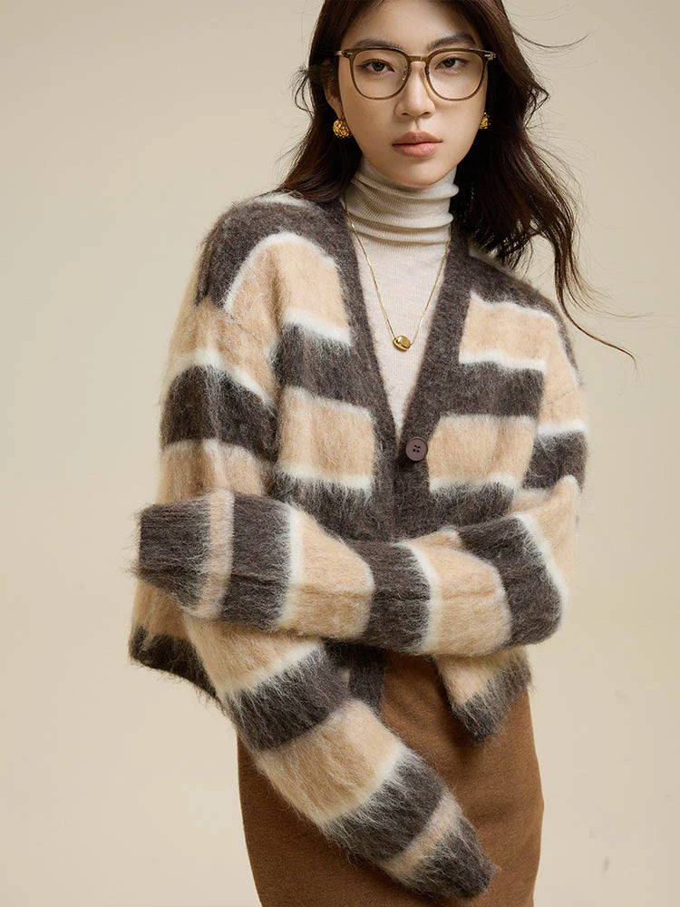 Striped V-Neck Single-Breasted Alpaca Sweater