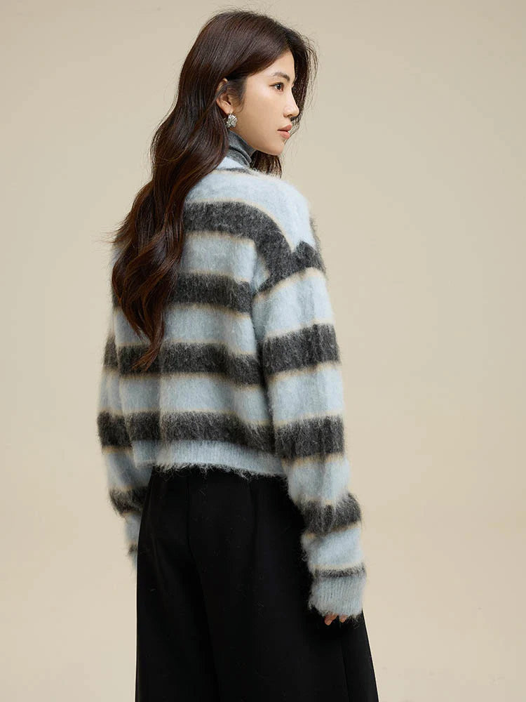 Striped V-Neck Single-Breasted Alpaca Sweater