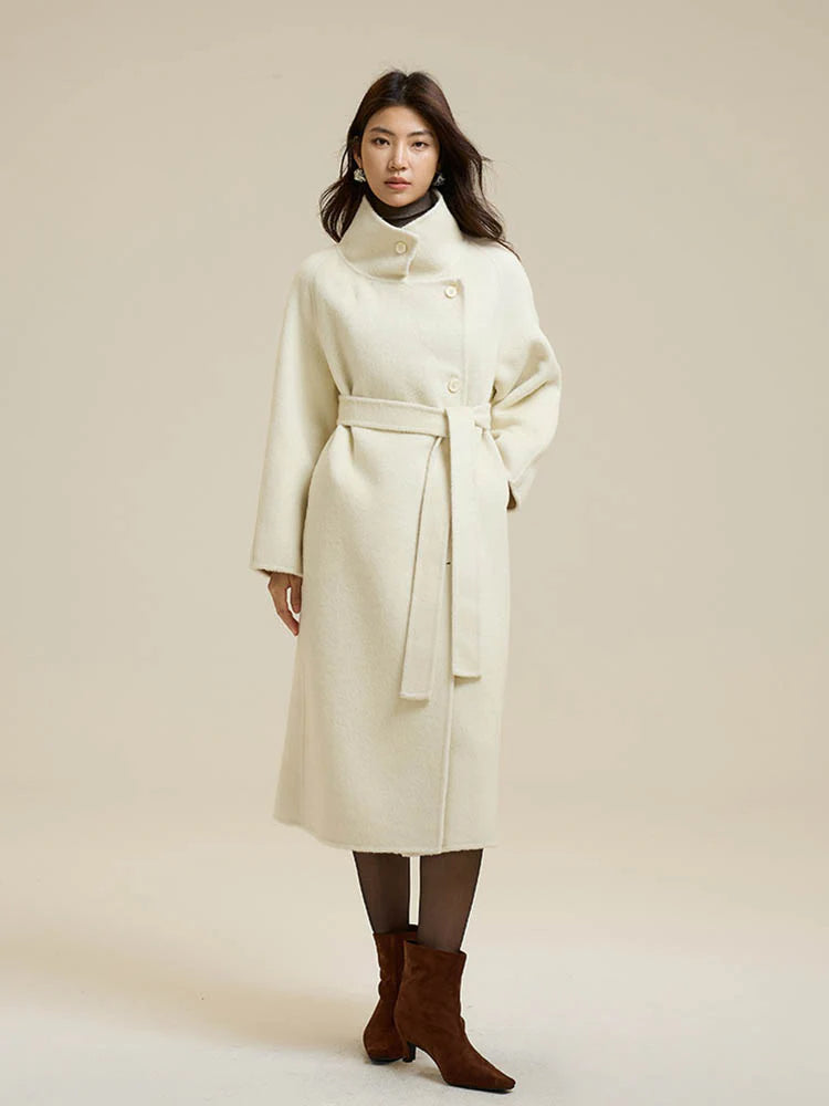 Stand-Up Collar Side Placket Tie Wool Coat