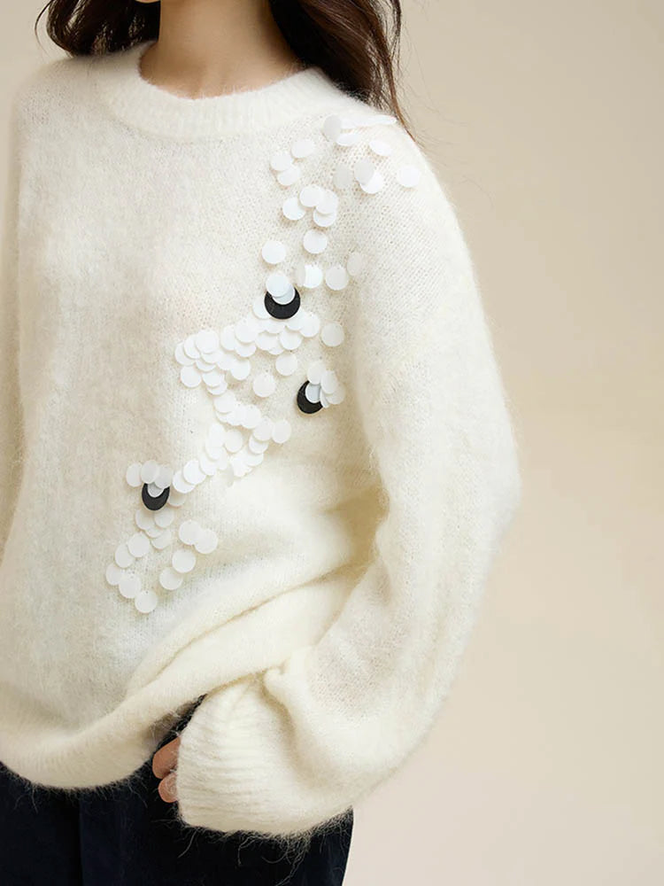 White Lazy Round Neck Alpaca Wool Sweater