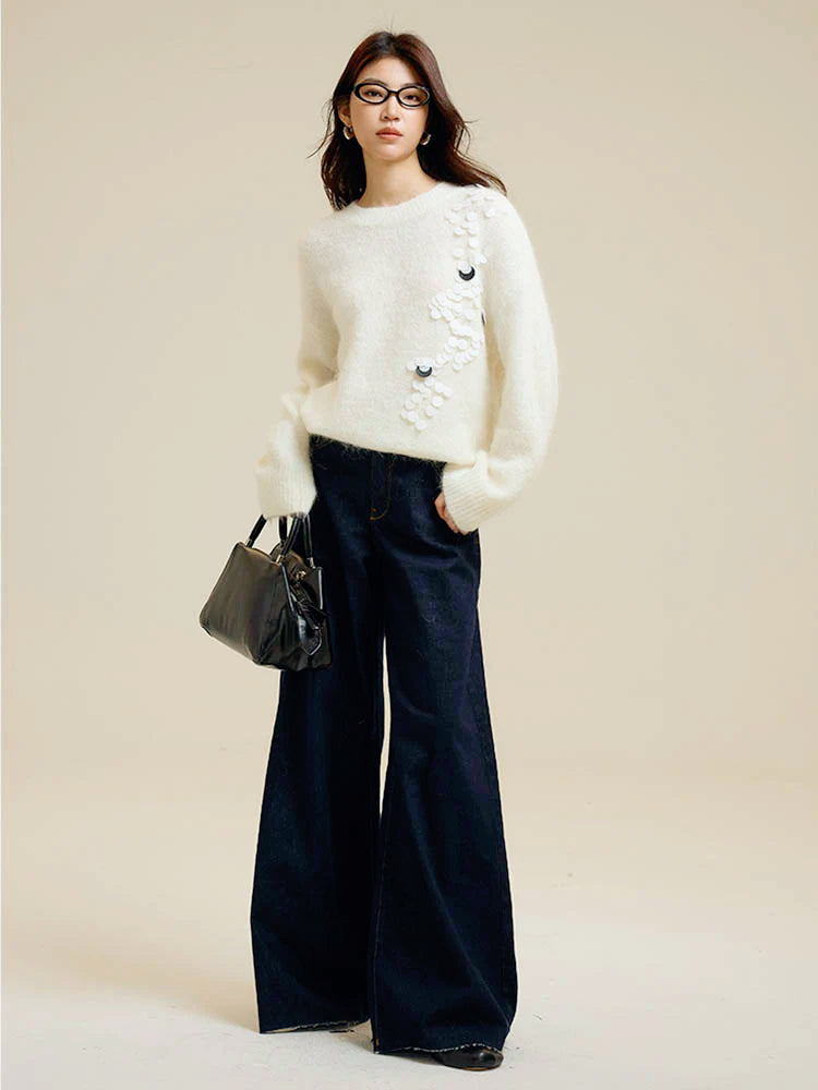 White Lazy Round Neck Alpaca Wool Sweater