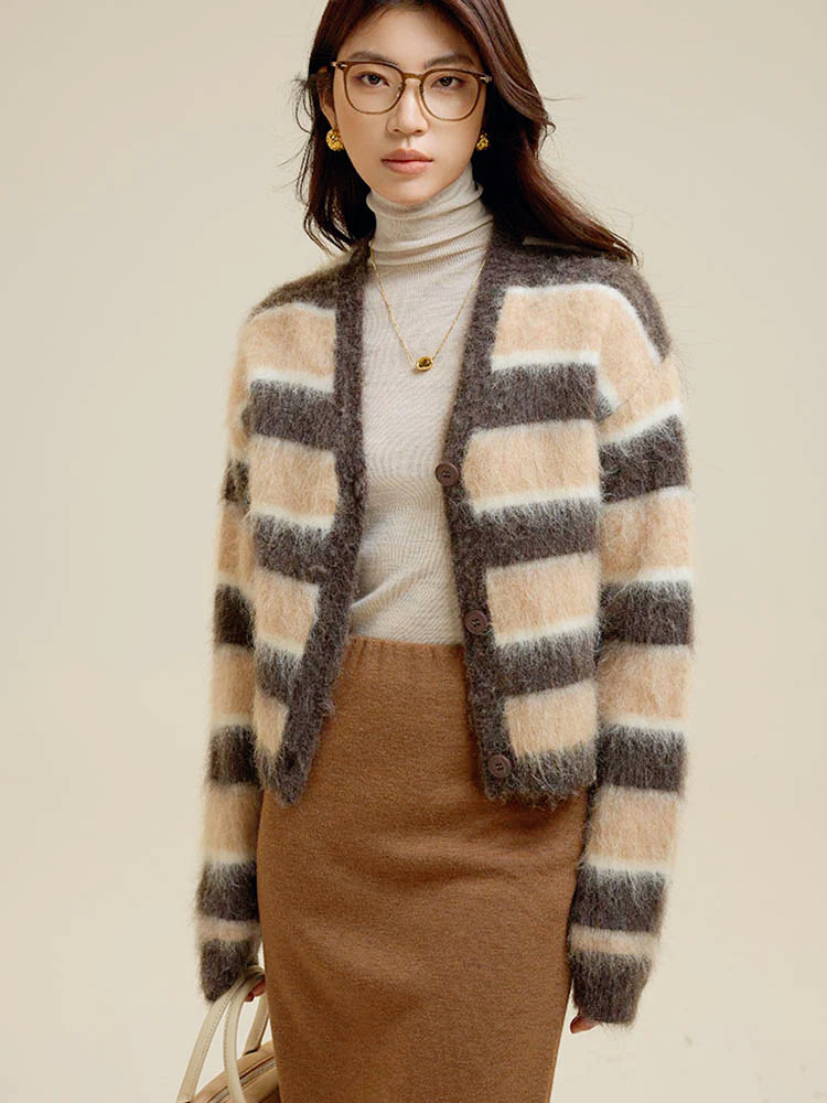 Striped V-Neck Single-Breasted Alpaca Sweater