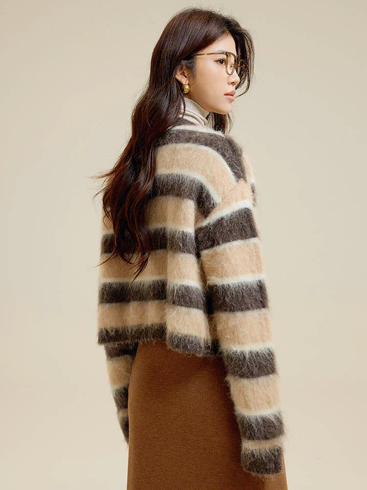Striped V-Neck Single-Breasted Alpaca Sweater