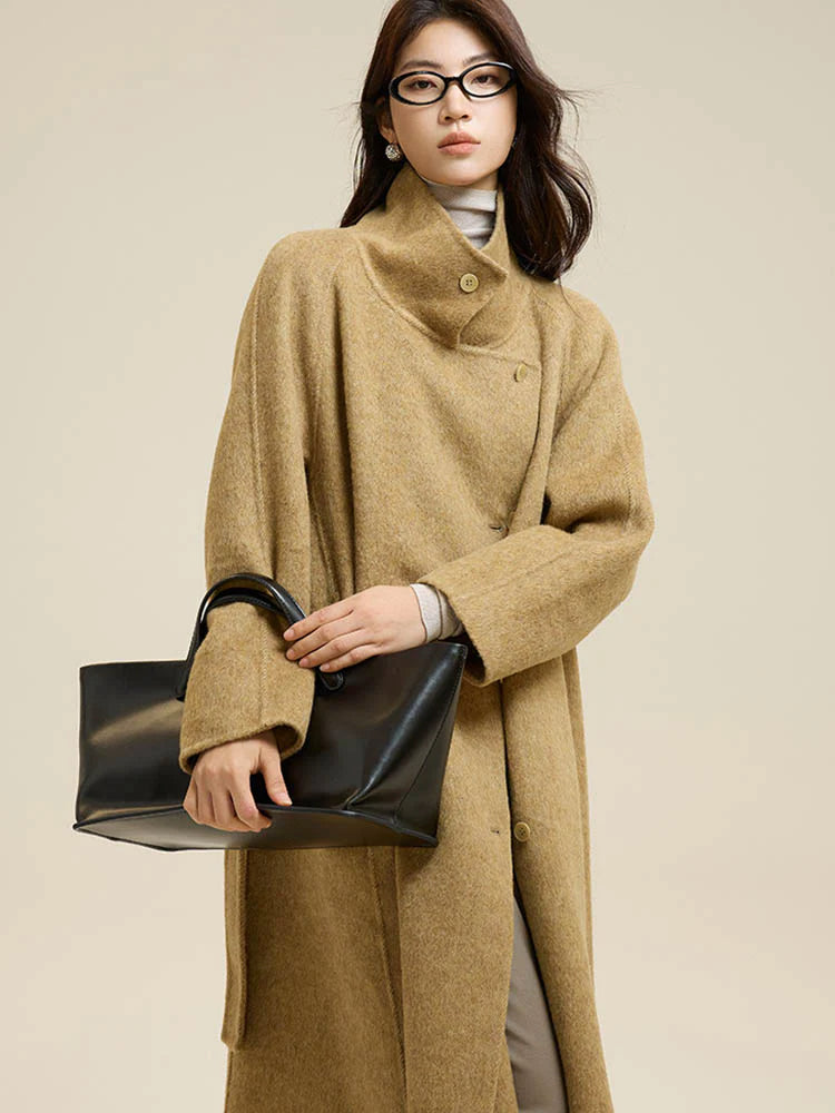 Stand-Up Collar Side Placket Tie Wool Coat