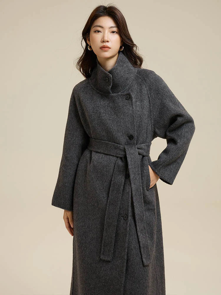 Stand-Up Collar Side Placket Tie Wool Coat
