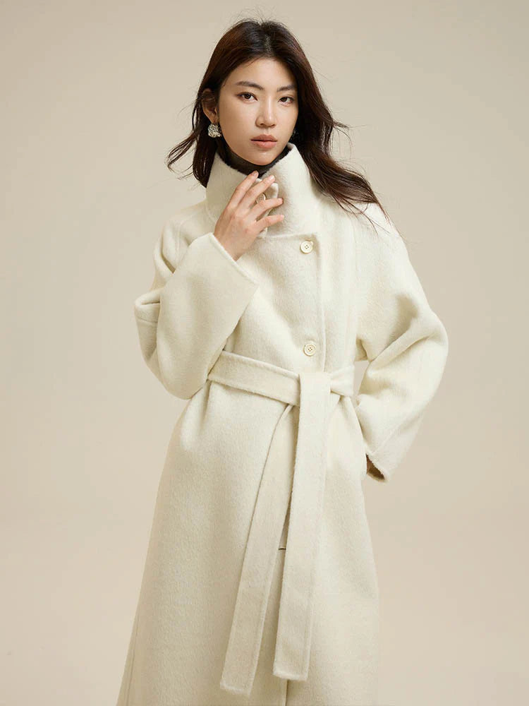 Stand-Up Collar Side Placket Tie Wool Coat